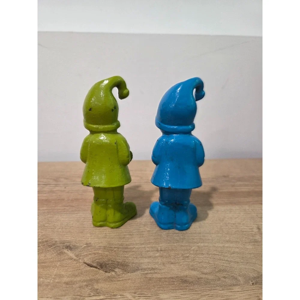 Pair of CB2 Cast Iron Holiday Elf Gnome Taper Candle Holders Blue Green 5.25''